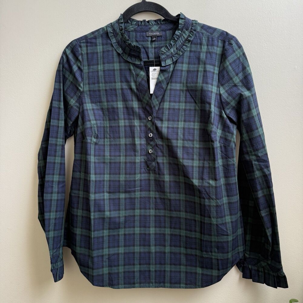 NWT Talbots Ruffled Plaid Button Front Blouse Navy Green Tunic  Size S